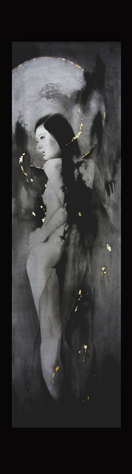 Muse of darkness nude woman asian - atmospheric fantasy paintings in watercolor & ink by sebastian rutkowski - moonlight-art