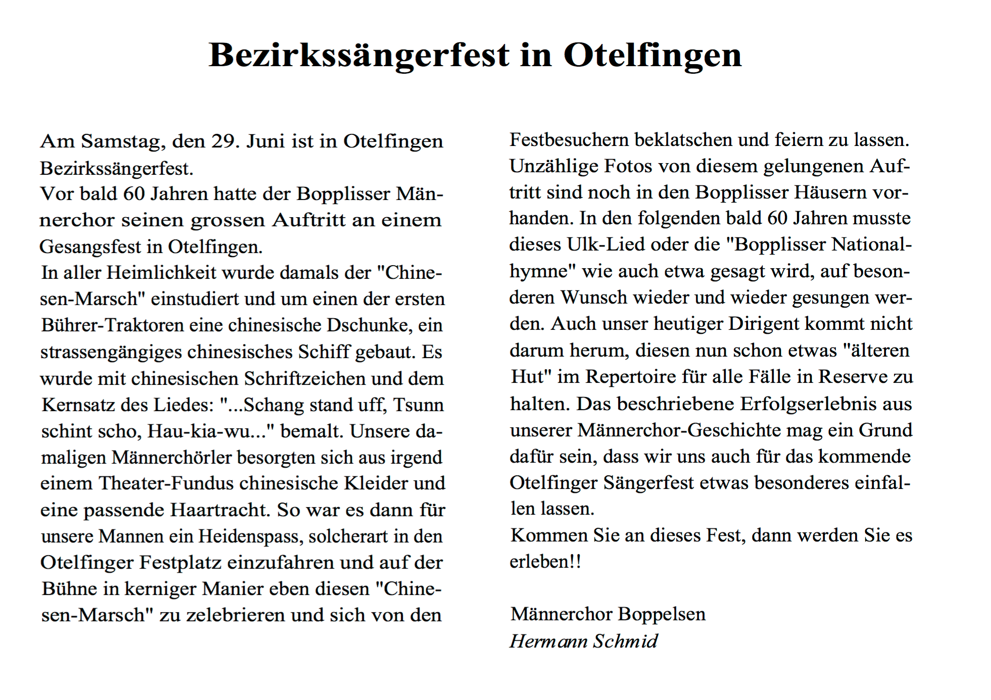 Bericht von Hermann Schmid in der BOZY 3/96 zum Bezirkssängerfest 1938::BOZY 3/96