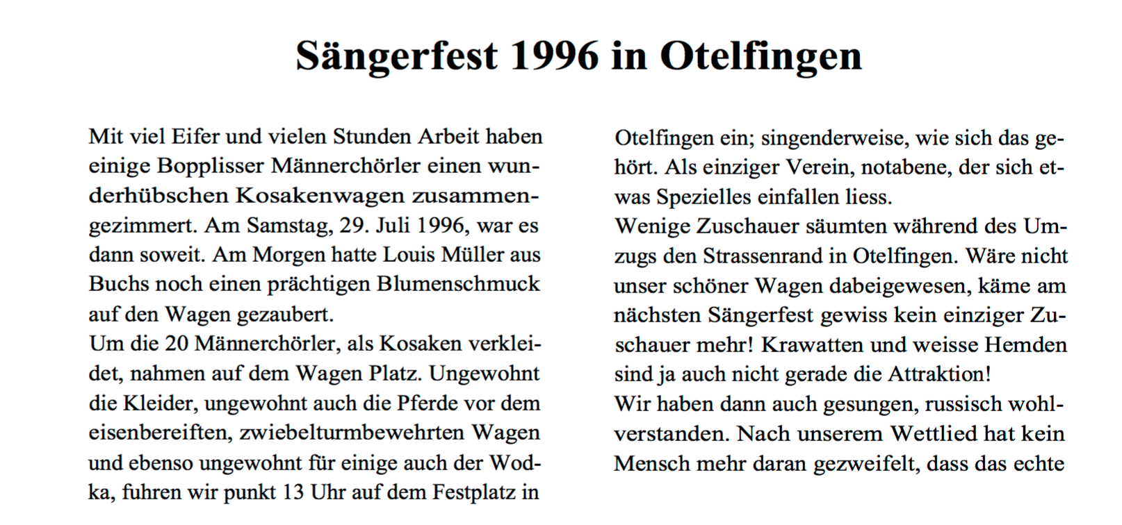 Bericht von Fredy Mäder zum Bezirkssängerfest 1996 in Otelfingenvon::BOZY 3/96