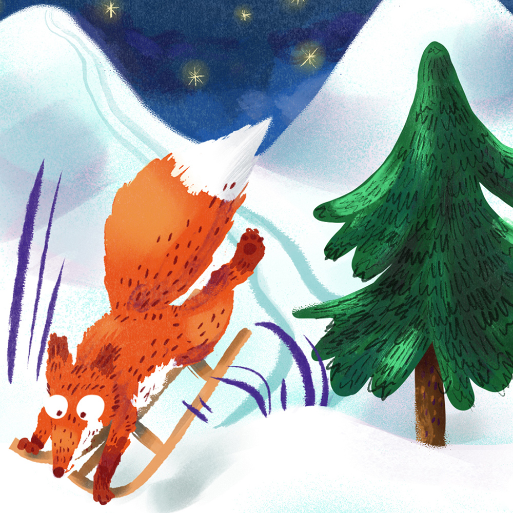 Illustraiton Fuchs fährt rasant Schlitten im Winter bei Schnee Kinderillustration. Marina Schilling.