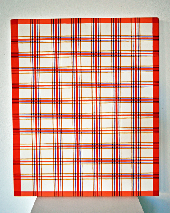 Geschirrtuch rot-bunt-kariert, 1998, Acryl auf MDF, 57x46 cm