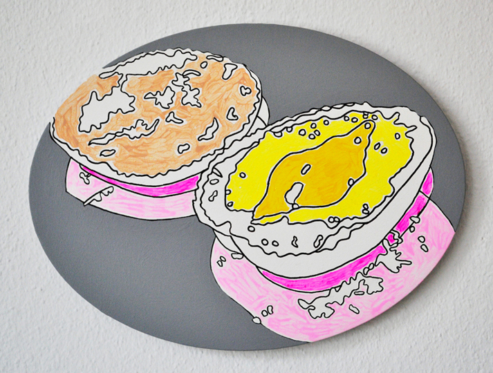 "Brötchen mit Frischkäse und Honig", 2016, oval (30x40 cm), Acryl und Edding auf LW