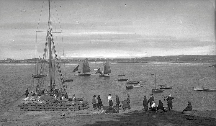 L’activité maritime de port blanc vers 1920, un dundée caboteur charge des sacs de pommes de terre, deux sloups de pêches ont leur voiles hissées et sont prêt à partir, les petits canots sont certainement des goémoniers (Collection Lacombe AD22)