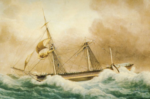 Aquarelle de Fréderic Roux, le trois mât-carré Charlemagne de 442 tonneaux 37,8m lancé en 1828, partiellement démâté en atlantique le 28 janvier 1838 et fuyant vent arrière 