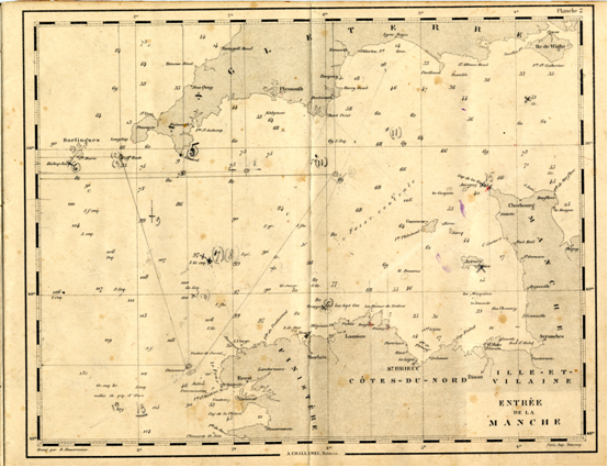 Une carte du cahier : Entrée de la Manche, avec l’île de Bas orthographiée à l’ancienne, je pense que les marins étaient attachés à cette orthographe