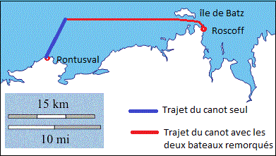 Route du canot de sauvetage.  Le lendemain le canot Georges Bréant parcouru avec le flot la quinzaine de milles séparant Roscoff de Pontusval  