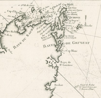 Lieu de cette mésaventure à la pointe nord est de Terre-Neuve, les îles blanches sont au sud-est de l’île Quirpont. Beaucoup de noms sont de Bretagne Nord : Baye de St Lunaire, Bréhat, Qirpon (de Keropnt nom d’un chenal à l’est Bréhat)