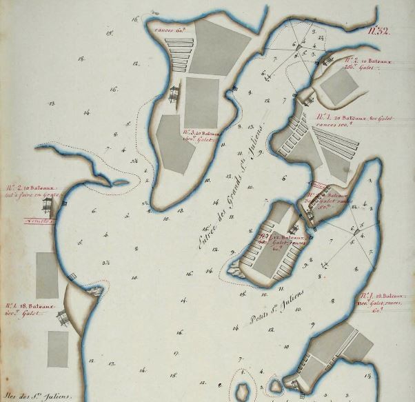 Les Grandes Oies, le Petit et le Grand St Julien en grisé les graves et les rances claies de bois sur lesquelles sèche la morue 