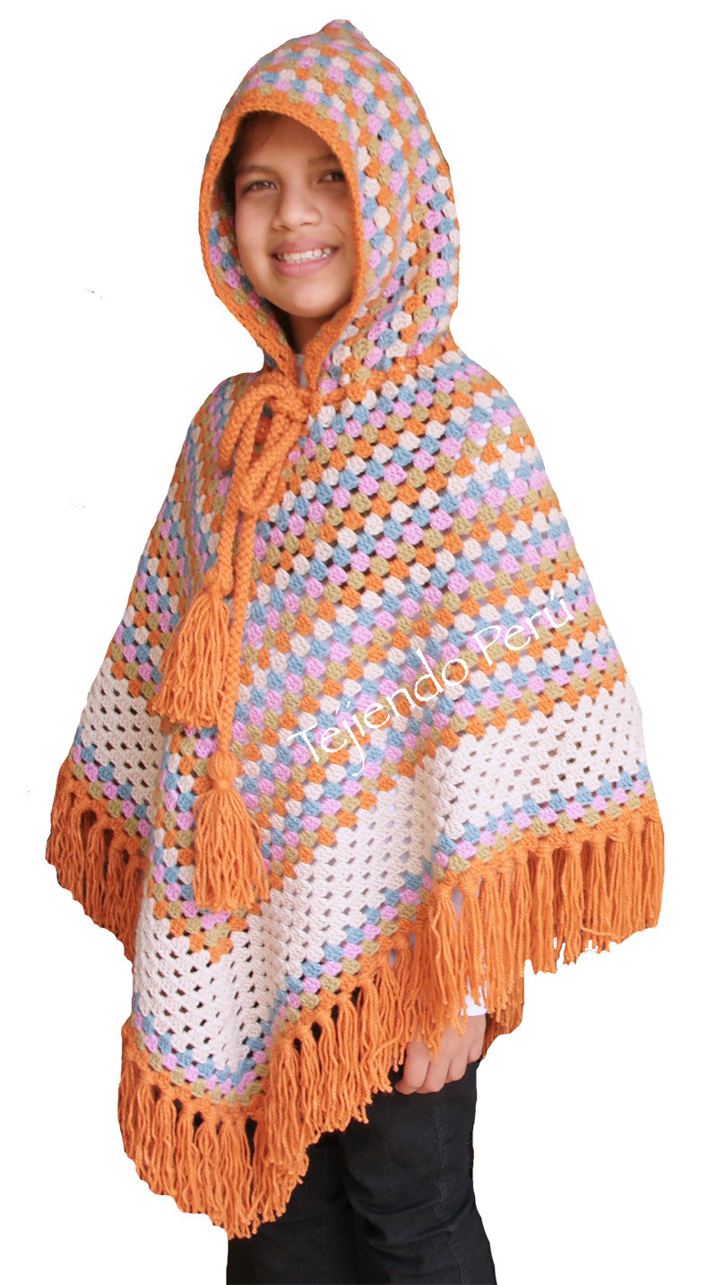 Poncho granny stripes con capucha - Tejiendo Perú