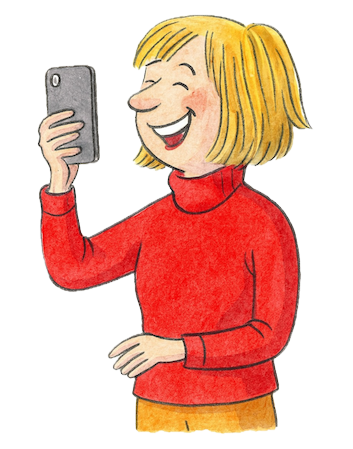 Frau im roten Pulli lacht in ihr Handy – Begleitung und ADHS-Geldmanagement mit dem JA!DHS-Programm von bricklebrit
