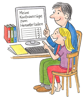 Vater und Tochter am Computer mit Kontoauszügen zum Herunterladen, Symbol für Finanzbildung bei der Global Money Week Deutschland.