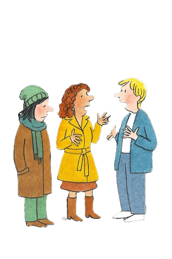 Illustration von drei Personen in einem Gespräch über Arbeitsbelastung, To-do-Listen und Stress im Alltag, symbolisch für mentale Überforderung und fehlende Selbstregulation