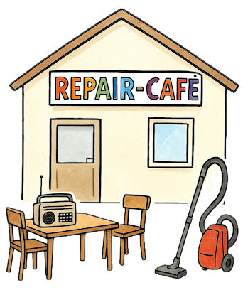 Kinder und Erwachsene in einem Repair-Café reparieren gemeinsam Alltagsgegenstände – Symbolbild für Nachhaltigkeit, Gemeinschaft und praktische finanzielle Bildung im Sinne sozialer Verantwortung.