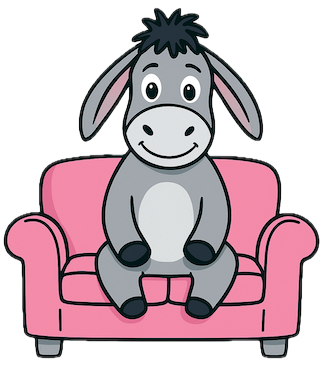 Goldesel sitzt entspannt auf einem Sofa, freundlich blickend – symbolisiert das Märchen vom einfachen Reichtum und regt zum Nachdenken über echtes Glück und Finanzbildung bei bricklebrit an