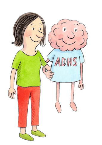 Eine Person hält ein Gehirn an der Hand. Das Gehirn trägt ein T-Shirt mit der Aufschrift „ADHS“. Beide gehen gemeinsam – Symbol für Verständnis und Bewusstsein.