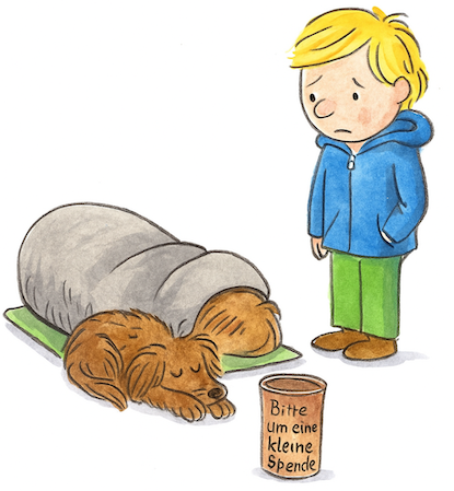 Ein Kind steht in einer Straßenszene vor einem wohnungslosen Menschen mit einem kleinen Hund und einem Becher mit der Aufschrift ‚Bitte um eine kleine Spende‘ – Symbolbild für Gespräche über Armut, Mitgefühl & Geld im Rahmen der Finanzbildung mit Kindern.