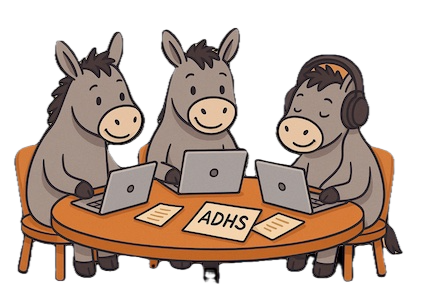 Drei Esel sitzen an einem Tisch mit Computern, auf dem Tisch liegt ein Zettel mit "ADHS" – Coworking, Austausch und ADHS-Themen bei bricklebrit