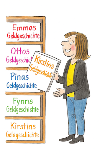 Illustration einer Frau, die vor einem Bücherregal steht. Auf den Buchrücken stehen Namen wie „Pinas Geldgeschichte“ & „Kirstins Geldgeschichte“. Das Bild symbolisiert, dass jede Person ihre eigene Geldgeschichte hat, auch Thema der Initiative bricklebrit