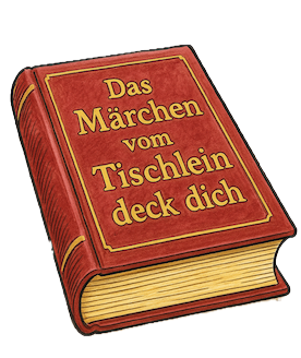 Dickes Märchenbuch mit der Aufschrift „Das Märchen vom Tischlein-deck-dich“ – erzählt die Geschichte vom Goldesel, der auf das Wort „bricklebrit“ Golddukaten auswirft, Symbol für spielerische Finanzbildung bei bricklebrit