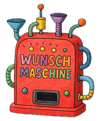 Illustration einer roten Wunschmaschine, die symbolisiert, wie Kinder im Kindergartenalter lernen, zwischen Wünschen und Bedürfnissen zu unterscheiden – ein zentrales Thema der frühen Finanzbildung mit bricklebrit