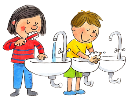 Zwei Kinder im Kindergarten-Bad: Eines putzt sich die Zähne, das andere wäscht sich die Hände – Symbolbild für achtsamen Umgang mit Wasser, Ressourcenbewusstsein und frühe Wertebildung im Kita-Alltag.