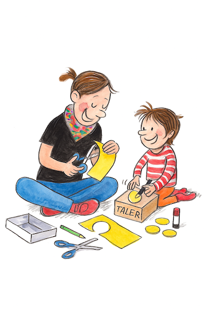 Illustration einer Frau und eines Kindes, die gemeinsam auf dem Boden sitzen und aus Papier Geldtaler basteln – Symbol für spielerische frühe finanzielle Bildung im Kindergarten.