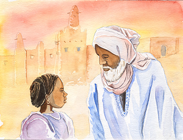 illustration jeunesse désert grand-père et enfant