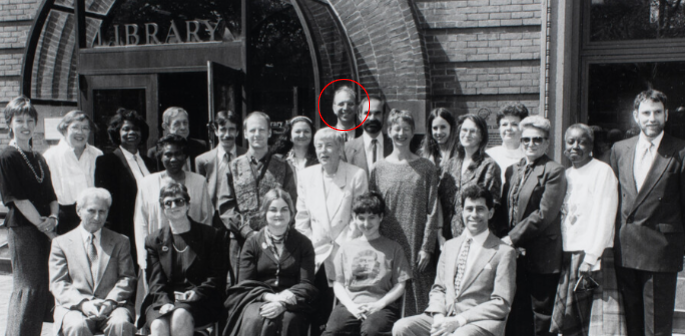 Pratt Institute Library Staff photo. Vincent Valenti, top center, red circle.