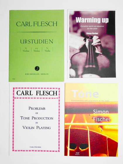 "Urstudien" (Carl Flesch)　"Warming Up: Complete warm-up sequence for the violin" (Simon Fischer)　"Problems of Tone Production in Violin Playing" (Carl Flesch)　"Tone: Experimenting with Proportions on the Violin" (Simon Fischer)　ヴァイオリン　演奏　上達　秘訣　　正しい　準備　基盤　