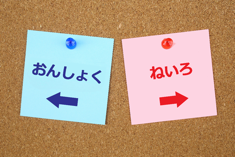 コルクボードに貼られた青い付箋に「おんしょく」と左向きの矢印、ピンクの付箋に「ねいろ」と右向きの矢印。両者が別ものであることを示すイメージ図。