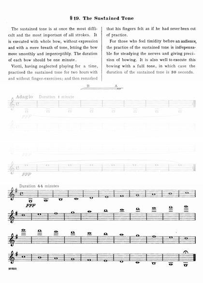 §19 "The Sustained Tone"　August Casorti, The Techniques of Bowing For the Violin. Op.50　ヴァイオリン　音色　音程　劇的　向上　練習法　解説　右手　運弓　技術　Son Filé　ソンフィレ　音　紡ぐ　重要　エクササイズ　安定　美しい　豊か　響き　実現　具体的　方法　重要　アプローチ　演奏　新た　輝き　プラス