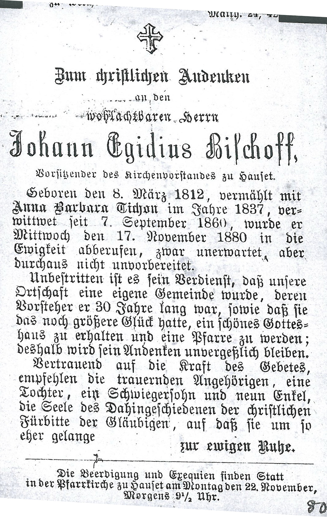 Totenzettel Johann Eg. Bischoff 1880