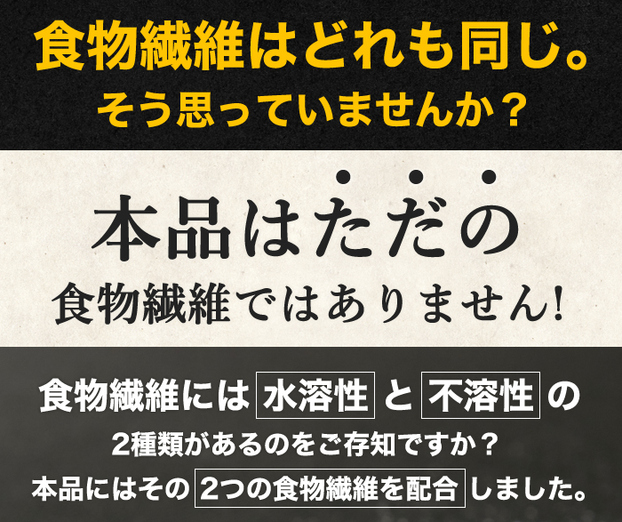 ■食物繊維はどれも同じ。 そう思っていませんか？ 本品はただの食物繊維ではありません！ 食物繊維には水溶性と不溶性の2種類っがあるのをご存知ですか？ 本品にはその2つの食物繊維を配合しました。