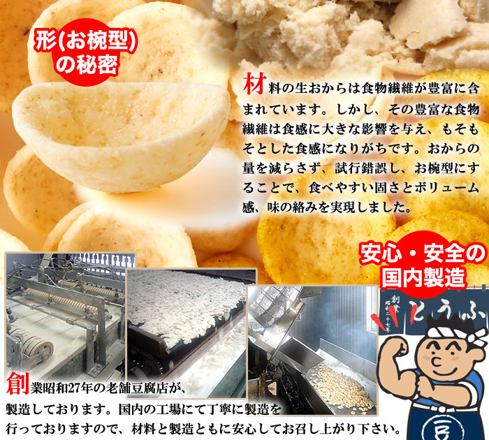 形（お椀型）の秘密 材料の生おからは食物繊維が豊富に含まれています。しかし、その豊富な食物繊維は食感に大きな影響を与え、もそもそとした食感になりがちです。おからの量を減らさず、試行錯誤し、お椀型にすることで、食べやすい固さとボリューム感、味の絡みを実現しました。 ・安心、安全の国内製造 創業昭和27年の老舗豆腐店が、 製造しております。国内の工場にて丁寧に製造を 行っておりますので、材料と製造ともに安心してお召し上がり下さい。