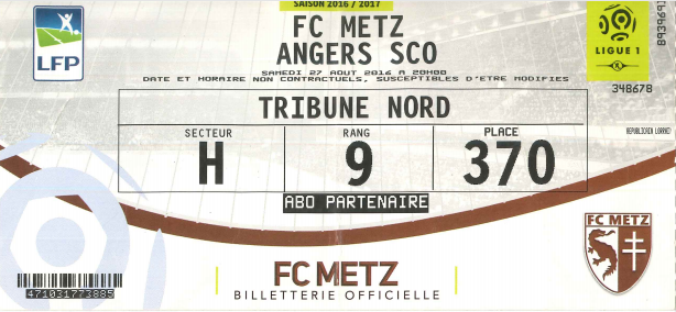 27 août 2016: FC Metz - SCO Angers - 3ème journée - Championnat de France (2/0)