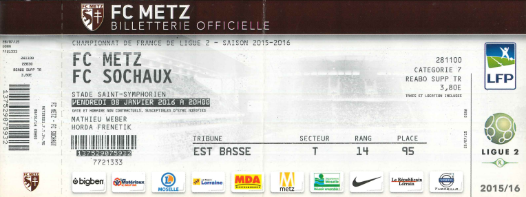 11 janv. 2016: FC Metz - FC Sochaux - 20ème journée - Championnat de France (1/0 - 11 259 spect.)