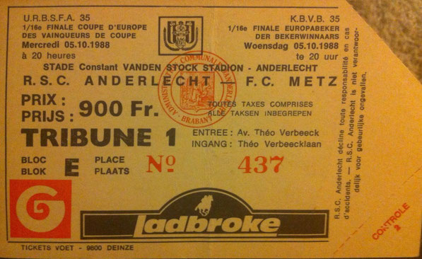 5 oct. 1988: RSC Anderlecht - FC Metz - 1/32ème Finale Retour Coupe d'Europe des Vainqueurs de Coupe (2/0 - 10.000 spect.)