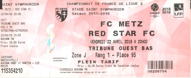 22 avr. 2016: FC Metz - Red Star FC - 35ème journée - Championnat de France (2/0 - 15 375 spect.)