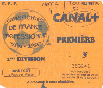 3 août. 1991: FC Metz Toulouse FC - 4ème Journée - Championnat de France (4/0 - 13.367 spect.)