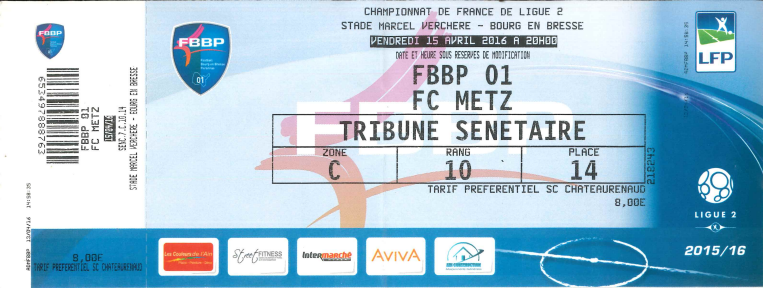 15 avr. 2016: Bourg en Bresse 01 - FC Metz - 34ème journée - Championnat de France (0/3 - 3 373 spect.)
