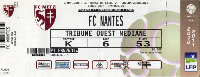 10 sept. 2010: FC Metz - FC Nantes AC - 5ème Journée - Championnat de France (1/1 - 8.208 spect.)