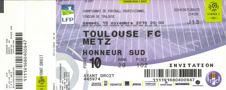 19 nov. 2016: Toulouse FC - FC - FC Metz - 13ème journée - Championnat de France (1/2)