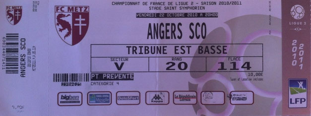 22 oct. 2010: FC Metz - SCO Angers - 12ème Journée - Championnat de France (1/1 - 5.889 spect.)