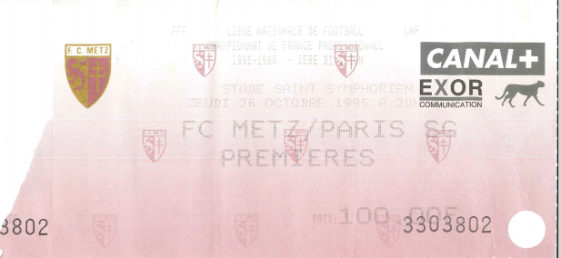 26 oct. 1995: FC Metz - Paris SG - 15ème Journée - Championnat de France (0/3 - 24.582 spect.)