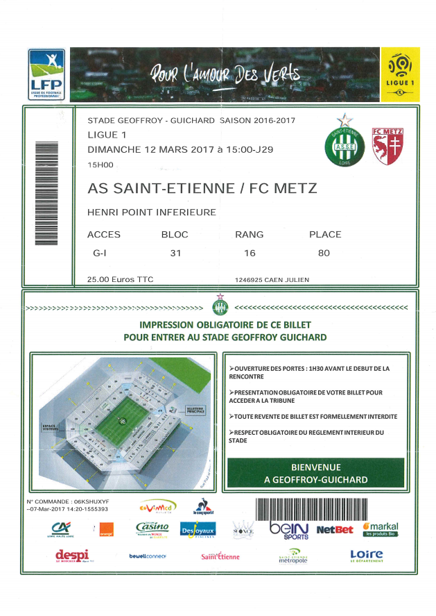 12 mars 2017: AS Saint Etienne - FC Metz - 29ème journée - Championnat de France (2/2)