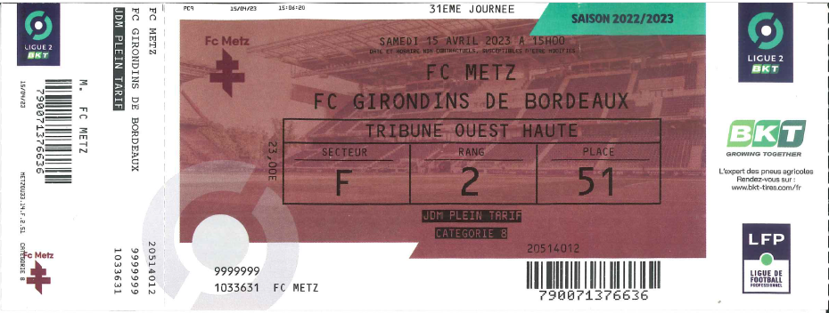 15 avril 2023 : FC Metz - FC Girondins Bordeaux - 31ème journée - Championnat de France (3/0 - 23 345 spect.)