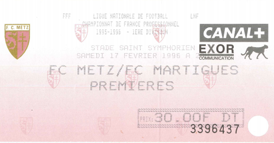 17 févr. 1996: FC Metz - FC Martigues - 28ème Journée - Championnat de France (2/0 - 9.147 spect.)