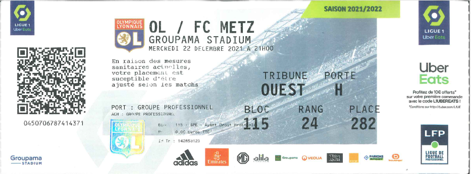 22 déc. 2021 : O. Lyonnais - FC Metz - 19ème journée - Championnat de France (1/1 - 34 867 spect.)