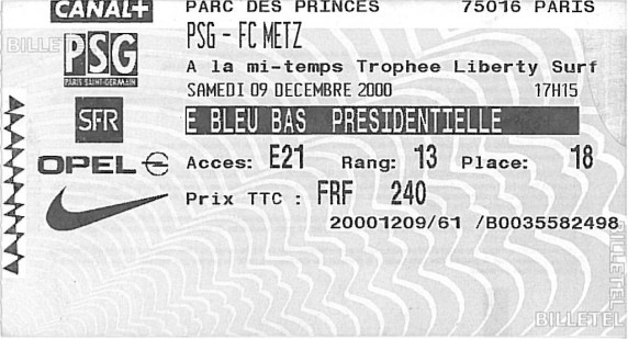 9 déc. 2000: Paris SG - FC Metz - 20ème Journée - Championnat de France (1/0 - 42.965 spect.)