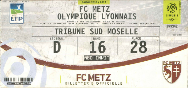 03 déc. 2016: FC Metz - O. Lyonnais - 20ème journée - Championnat de France (1/0 - match arrêté suite à un jet de pétard, puis rejoué à huis-clos le 07 avr. 2017: score final : 0/3)